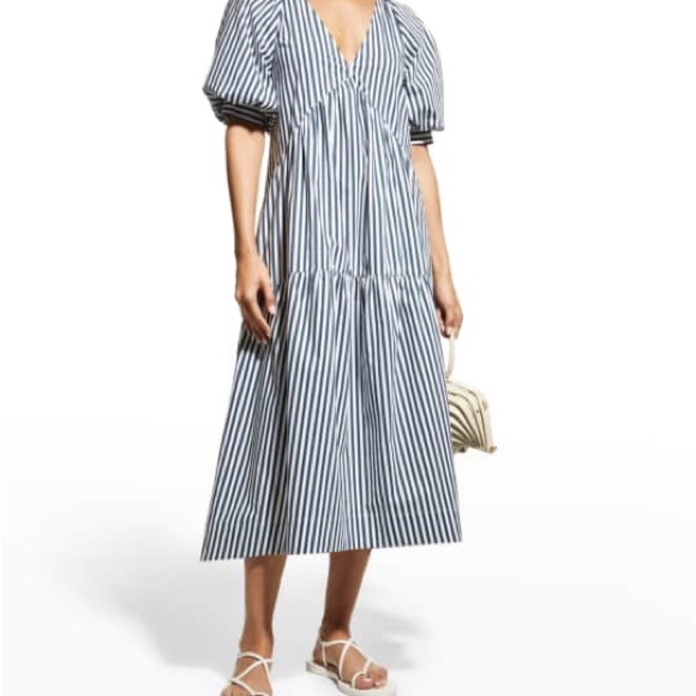 Frame Denim Black and White Pleated Sundress with Puff Sleeves